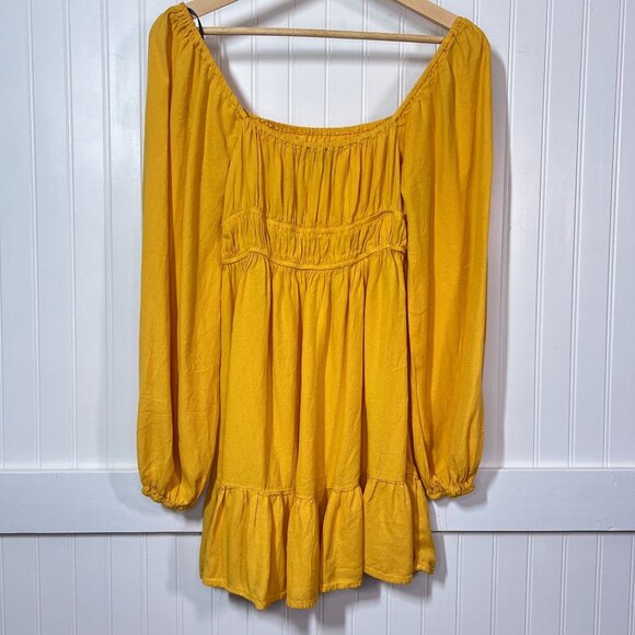 Forever 21 Boho Yellow Long Sleeve Mini Dress Square Neck Smocked Waist Ruffle - Picture 3 of 11
